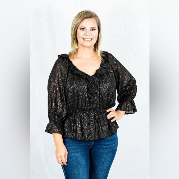 entro Tops - ENTRO Shimmer Leopard Print V-Neck Peplum Top Green Gold Artsy Quirky Size S NWT